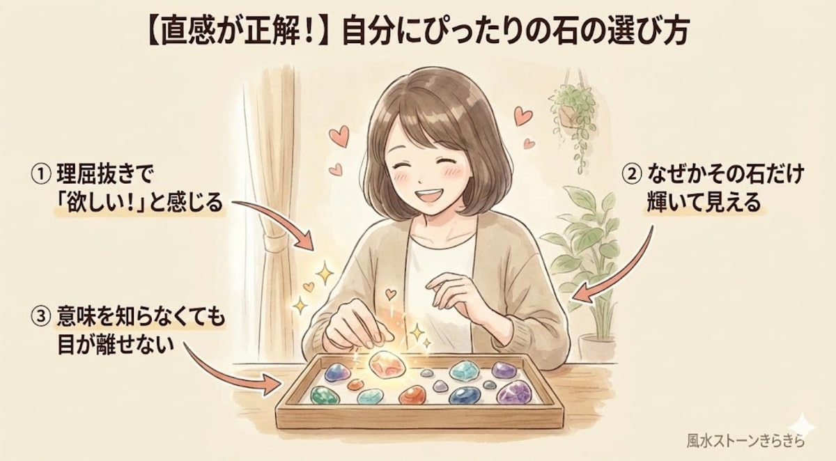 パワーストーンを直感で選ぶ3つのサイン｜輝いて見える・目が離せない等の図解