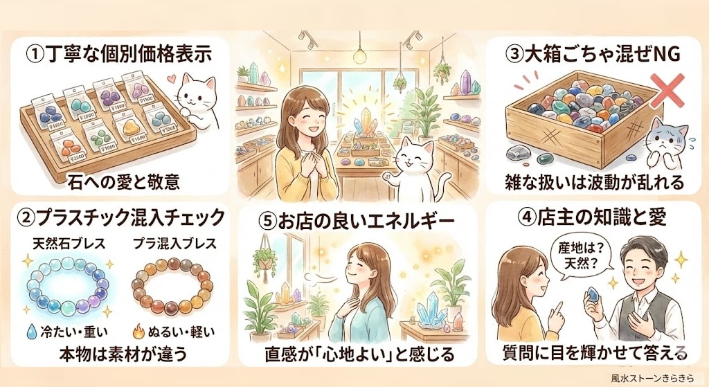 信頼できるパワーストーンショップを見分ける5つの共通点（リアルな体験談・10年以上の実績・良質な仕入れ・万全のケア・確かな知識）の解説イラスト