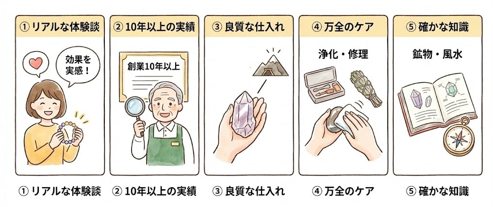 本物のパワーストーンショップを見分ける5つのポイント・共通点のイラスト図解