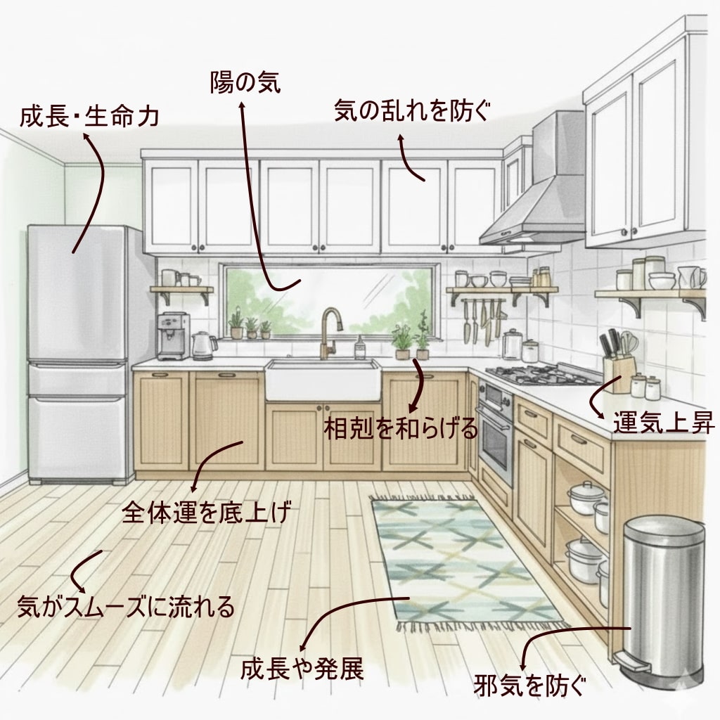 金運と健康運を育む理想的な風水キッチンの図解