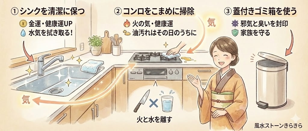 風水キッチンの基本3原則。シンクとコンロの掃除、蓋付きゴミ箱で家族の運気を整える方法の図解。