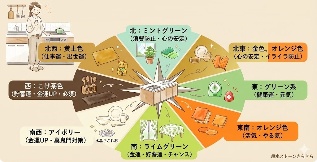 キッチンの方角別ラッキーカラー一覧。金運や健康運を上げる、方角に合わせた色と開運アイテム